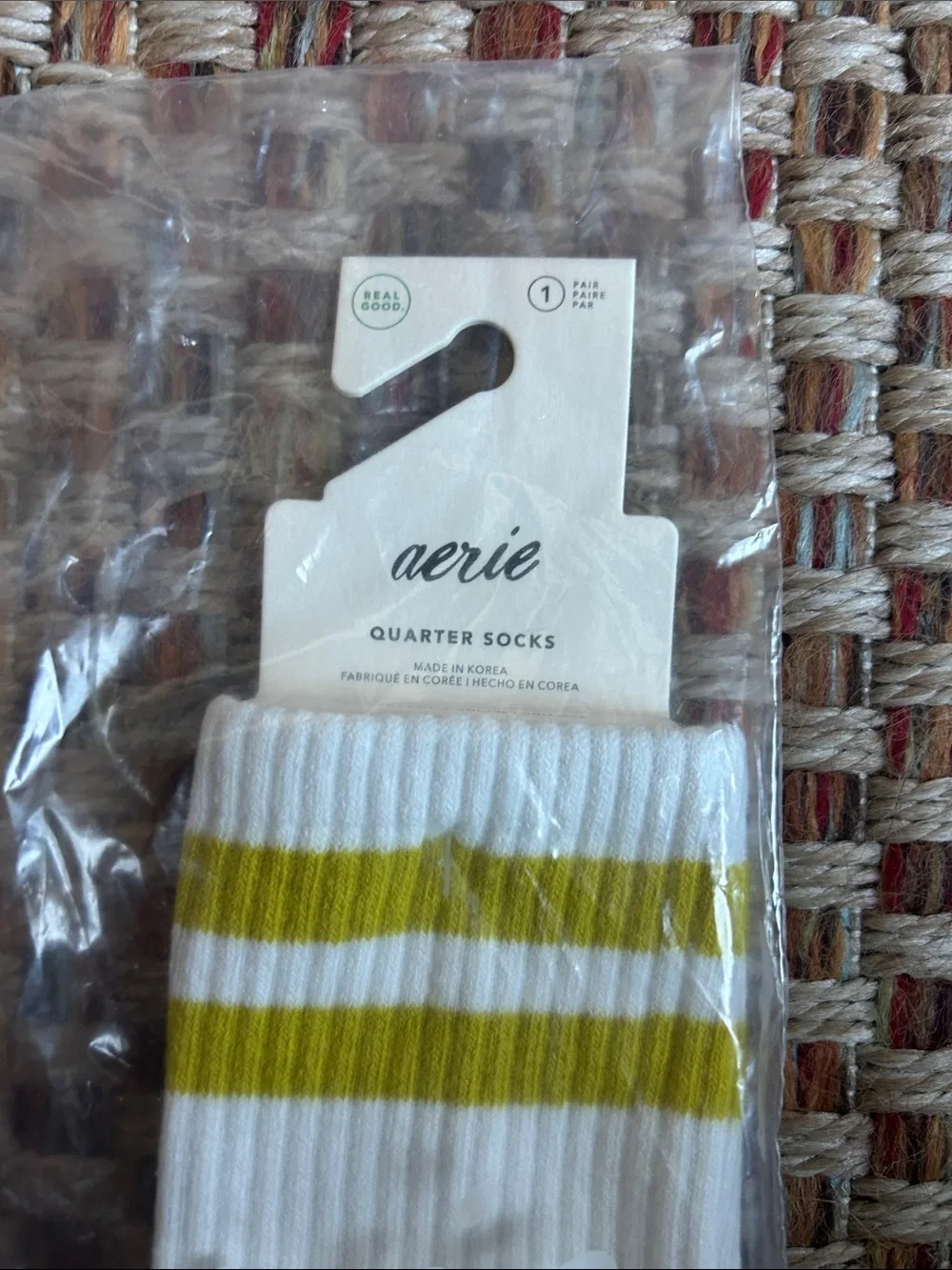 aerie White Quarter Socks with Yellow Stripes and Yellow Toe
